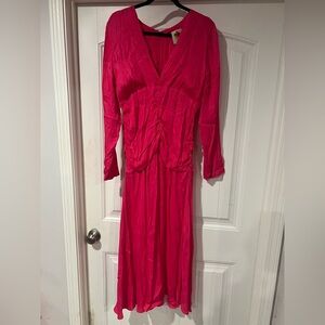 NWT FARM RIO Long-Sleeve Ruched-Waist Midi Dress Pink Fuchsia Sz Large